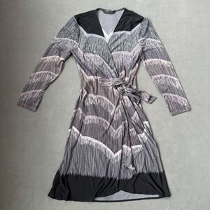 BCBGMAXAZRIA Dress Womens Small Black Wrap Adele Comb Vertical Print Long Sleeve